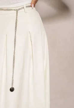 Jasnobeżowa Spódnica Rozkloszowana z Wiskozą High Waist Ozdobiona Łańcuszkiem Olirive