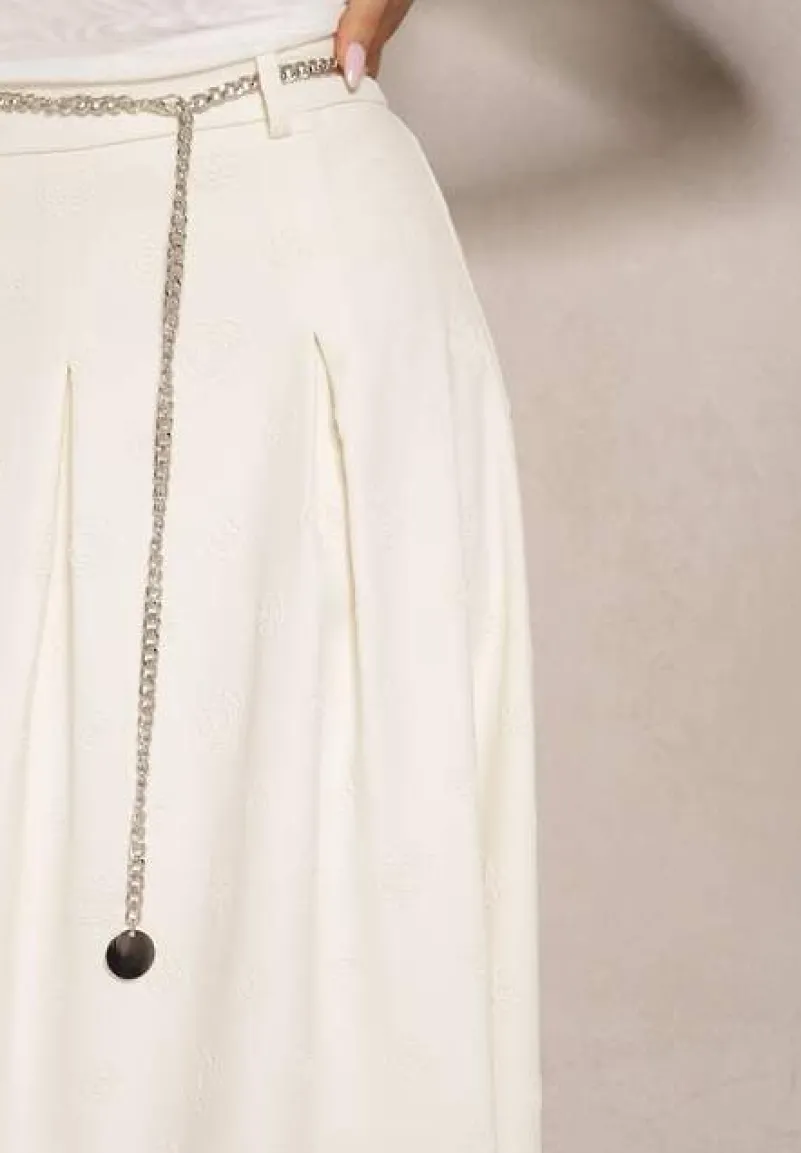 Jasnobeżowa Spódnica Rozkloszowana z Wiskozą High Waist Ozdobiona Łańcuszkiem Olirive