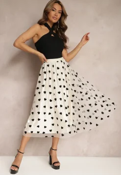 Jasnobeżowa Spódnica z Tiulu z Welurowymi Nadrukami i Gumką w Talii Sawania