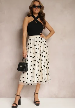 Jasnobeżowa Spódnica z Tiulu z Welurowymi Nadrukami i Gumką w Talii Sawania