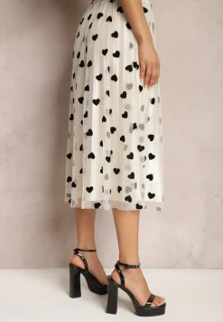 Jasnobeżowa Spódnica z Tiulu z Welurowymi Nadrukami i Gumką w Talii Sawania