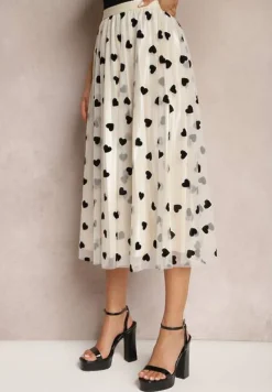 Jasnobeżowa Spódnica z Tiulu z Welurowymi Nadrukami i Gumką w Talii Sawania