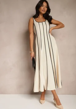 Jasnobeżowa Sukienka z Wiskozą o Rozkloszowanym Kroju w Pionowe Prążki Gonariel