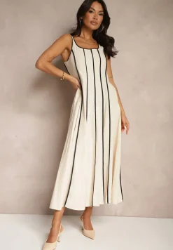 Jasnobeżowa Sukienka z Wiskozą o Rozkloszowanym Kroju w Pionowe Prążki Gonariel