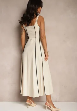 Jasnobeżowa Sukienka z Wiskozą o Rozkloszowanym Kroju w Pionowe Prążki Gonariel
