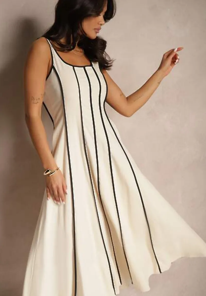 Jasnobeżowa Sukienka z Wiskozą o Rozkloszowanym Kroju w Pionowe Prążki Gonariel