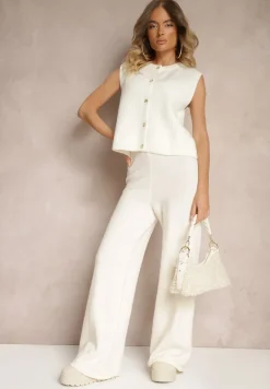 Jasnobeżowa Sweterkowa Kamizelka z Domieszką Wełny i Zapięciem na Guziki Savanira