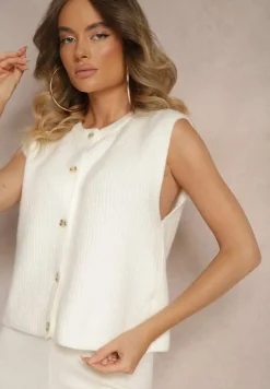 Jasnobeżowa Sweterkowa Kamizelka z Domieszką Wełny i Zapięciem na Guziki Savanira