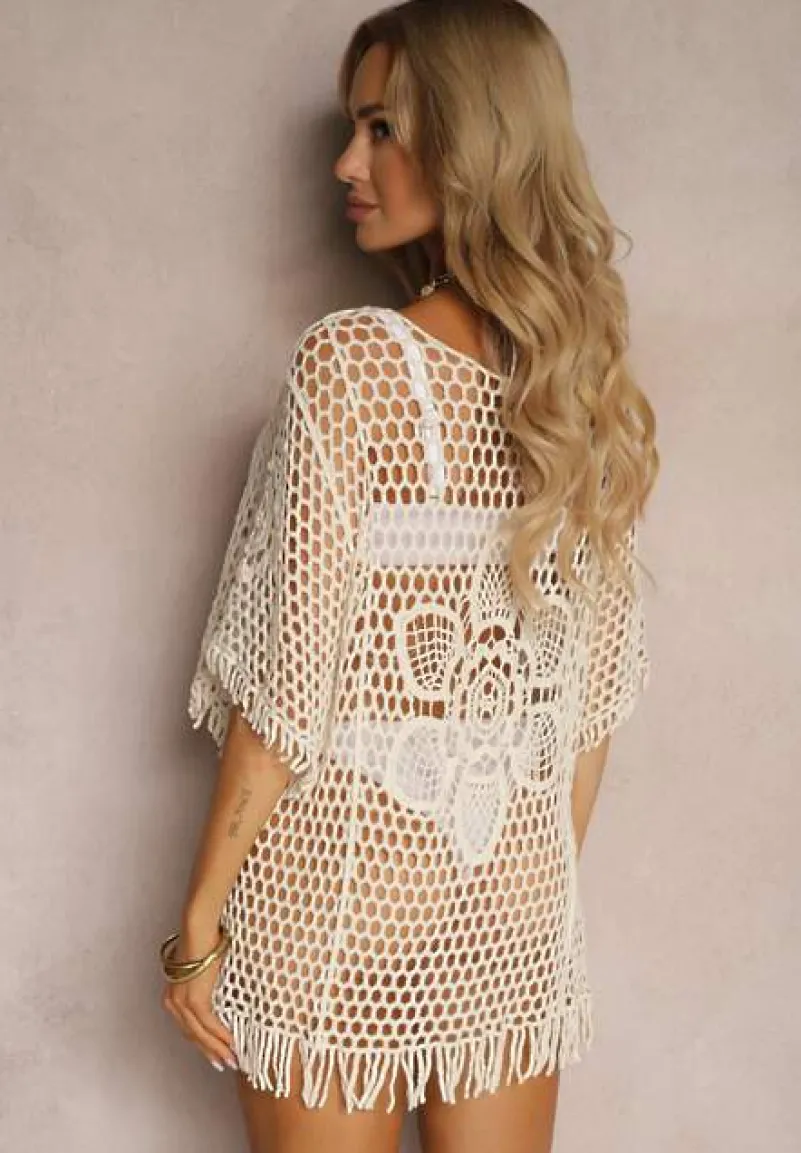 Jasnobeżowa Szydełkowa Bluzka w Stylu Narzutki Boho z Bawełny Elataya