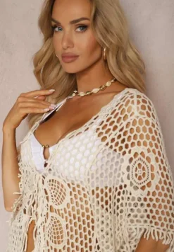 Jasnobeżowa Szydełkowa Bluzka w Stylu Narzutki Boho z Bawełny Elataya