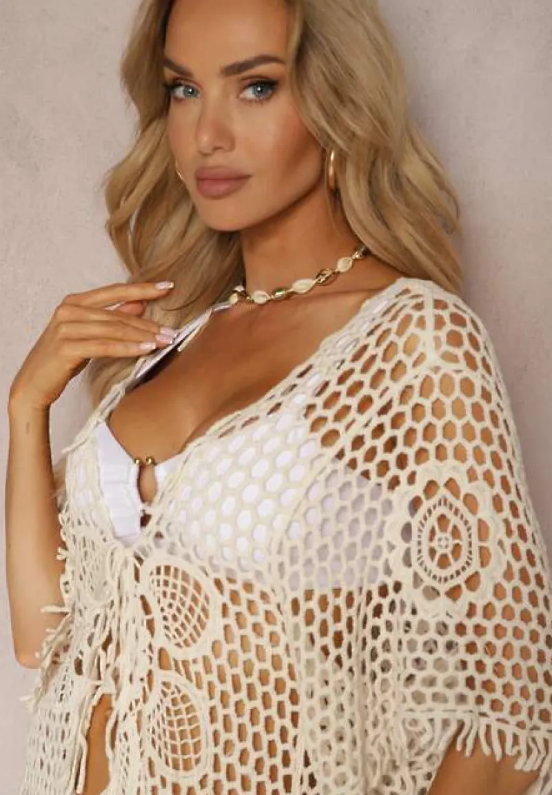 Jasnobeżowa Szydełkowa Bluzka w Stylu Narzutki Boho z Bawełny Elataya