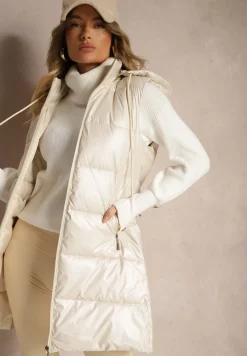 Jasnobeżowa Taliowana Kamizelka Przejściowa z Pikowanymi Przeszyciami i Kapturem Tintella