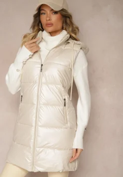 Jasnobeżowa Taliowana Kamizelka Przejściowa z Pikowanymi Przeszyciami i Kapturem Tintella