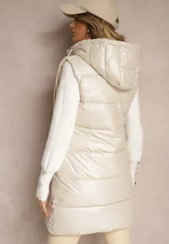 Jasnobeżowa Taliowana Kamizelka Przejściowa z Pikowanymi Przeszyciami i Kapturem Tintella