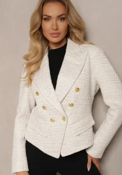 Jasnobeżowa Taliowana Marynarka Tweedowa o Dwurzędowym Kroju Zdobiona Imitacją Kieszeni Liovra