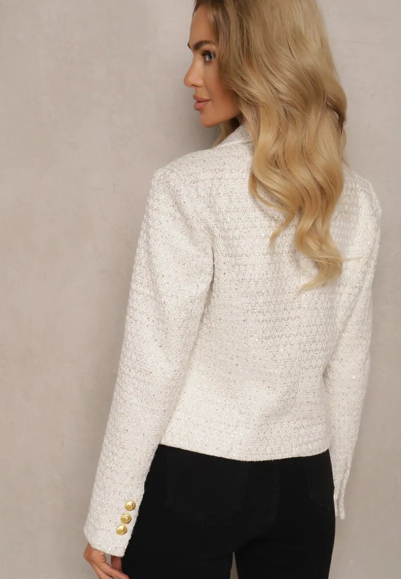 Jasnobeżowa Taliowana Marynarka Tweedowa o Dwurzędowym Kroju Zdobiona Imitacją Kieszeni Liovra