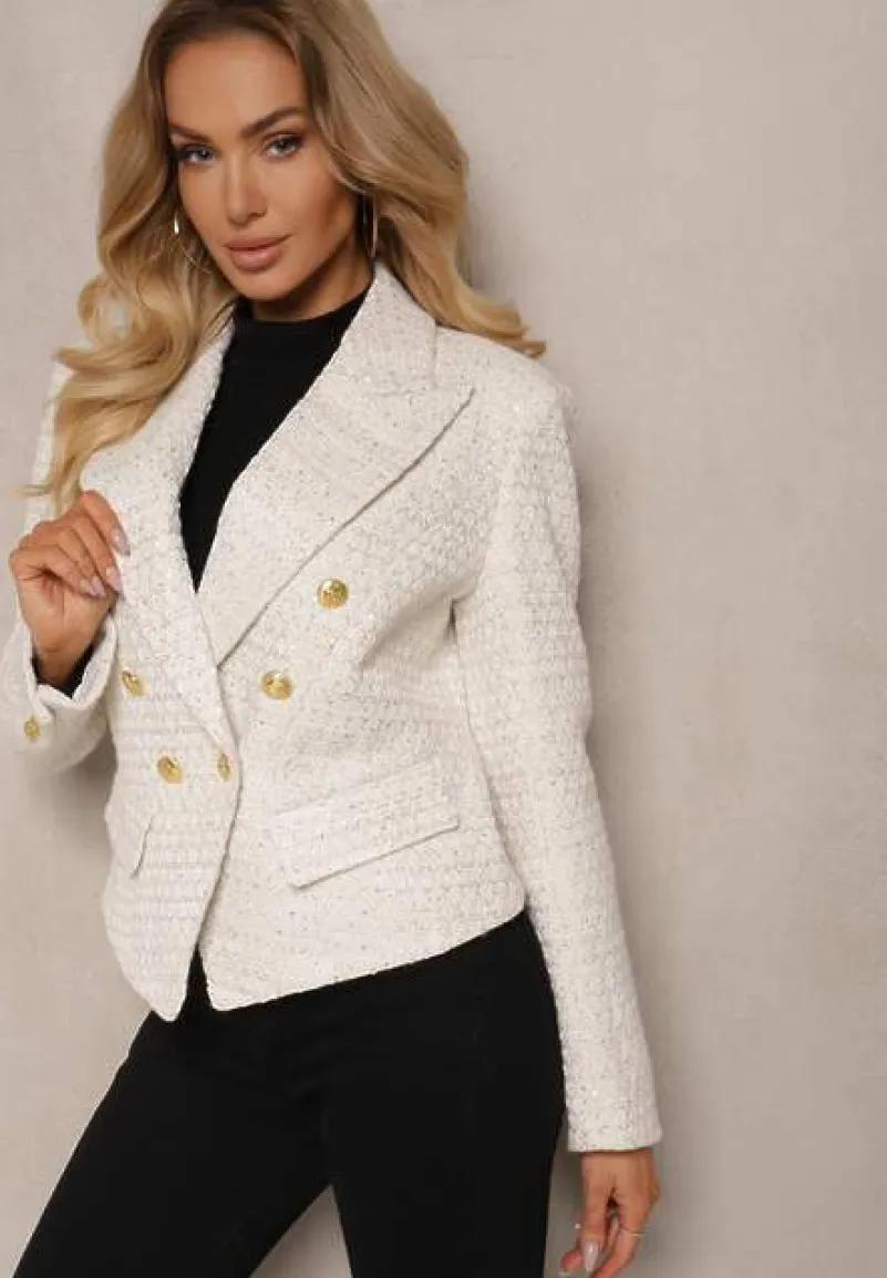 Jasnobeżowa Taliowana Marynarka Tweedowa o Dwurzędowym Kroju Zdobiona Imitacją Kieszeni Liovra