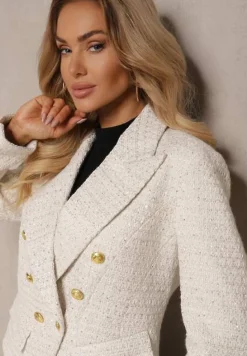 Jasnobeżowa Taliowana Marynarka Tweedowa o Dwurzędowym Kroju Zdobiona Imitacją Kieszeni Liovra