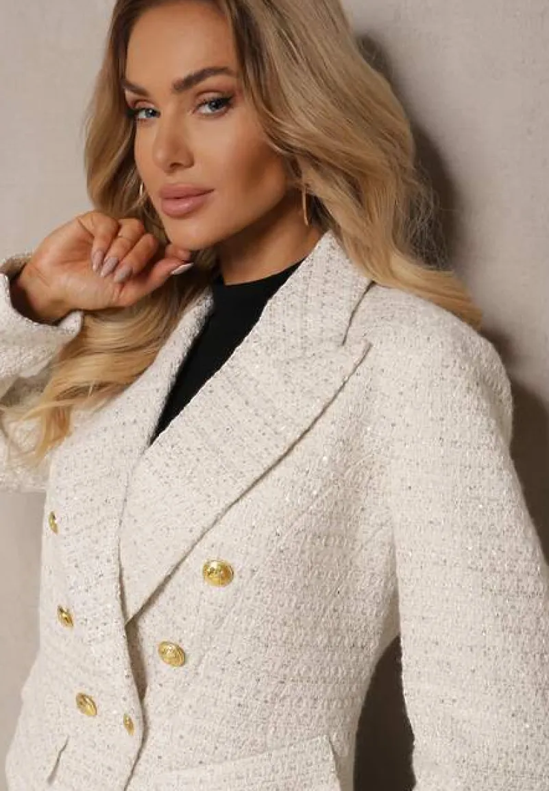 Jasnobeżowa Taliowana Marynarka Tweedowa o Dwurzędowym Kroju Zdobiona Imitacją Kieszeni Liovra