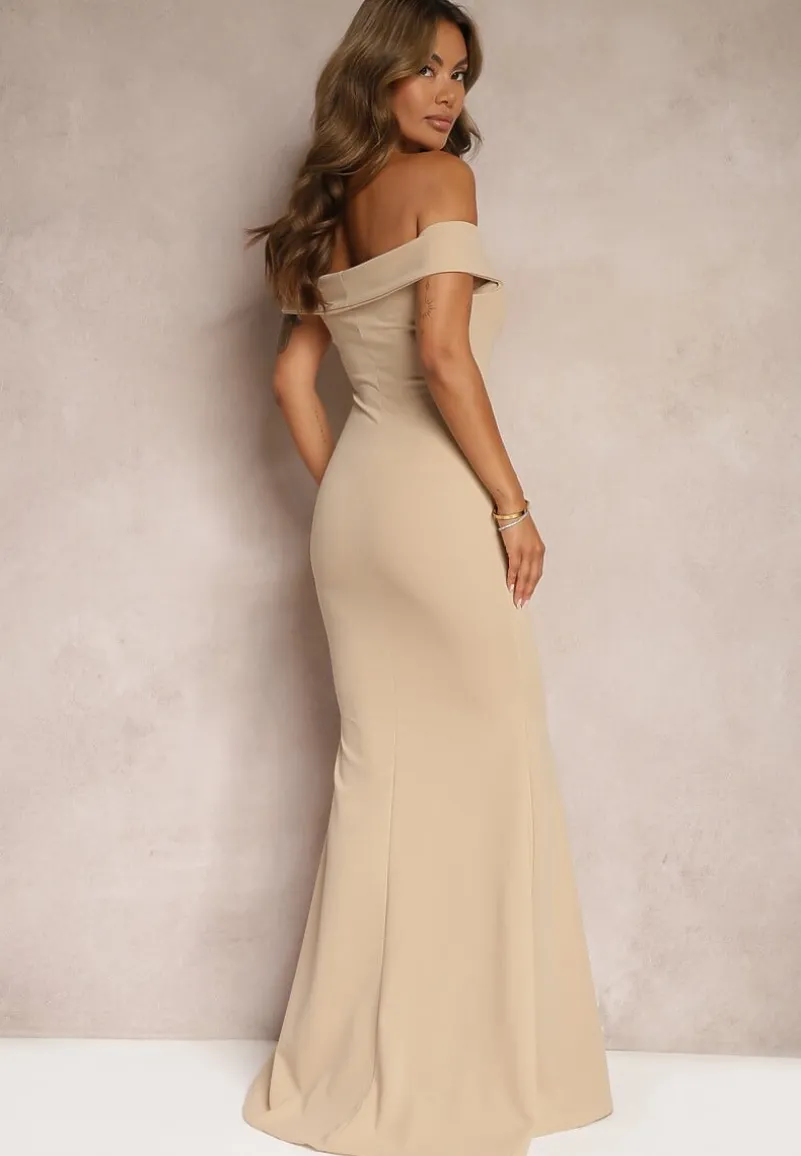 Jasnobeżowa Taliowana Sukienka Maxi z Rozcięciem Perlina