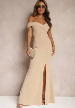Jasnobeżowa Taliowana Sukienka Maxi z Rozcięciem Perlina