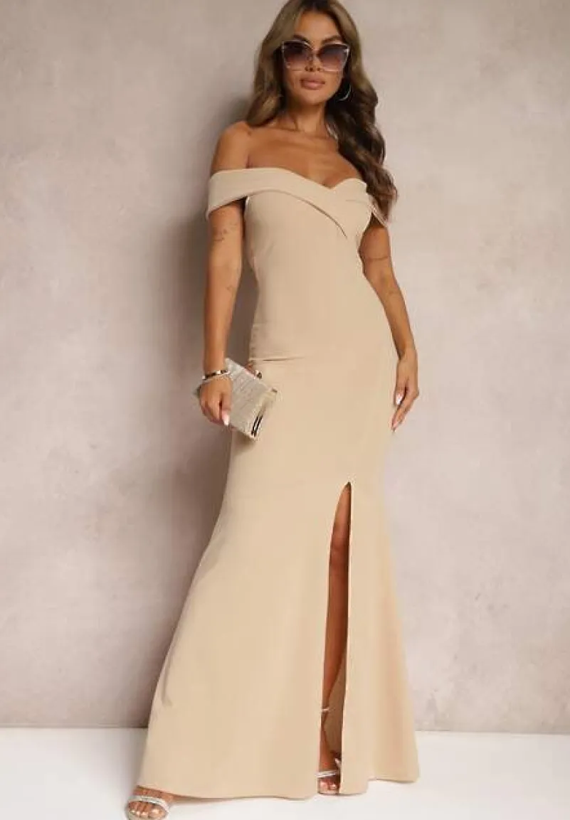 Jasnobeżowa Taliowana Sukienka Maxi z Rozcięciem Perlina