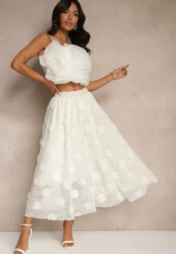 Jasnobeżowa Tłoczona Spódnica o Rozkloszowanym Kroju z Gumką w Pasie Folunetta