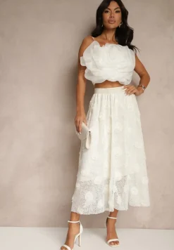 Jasnobeżowa Tłoczona Spódnica o Rozkloszowanym Kroju z Gumką w Pasie Folunetta