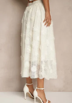 Jasnobeżowa Tłoczona Spódnica o Rozkloszowanym Kroju z Gumką w Pasie Folunetta