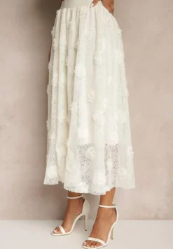 Jasnobeżowa Tłoczona Spódnica o Rozkloszowanym Kroju z Gumką w Pasie Folunetta