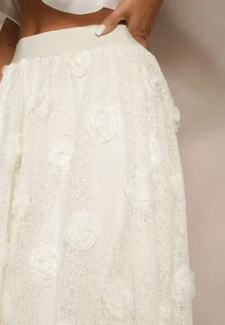 Jasnobeżowa Tłoczona Spódnica o Rozkloszowanym Kroju z Gumką w Pasie Folunetta