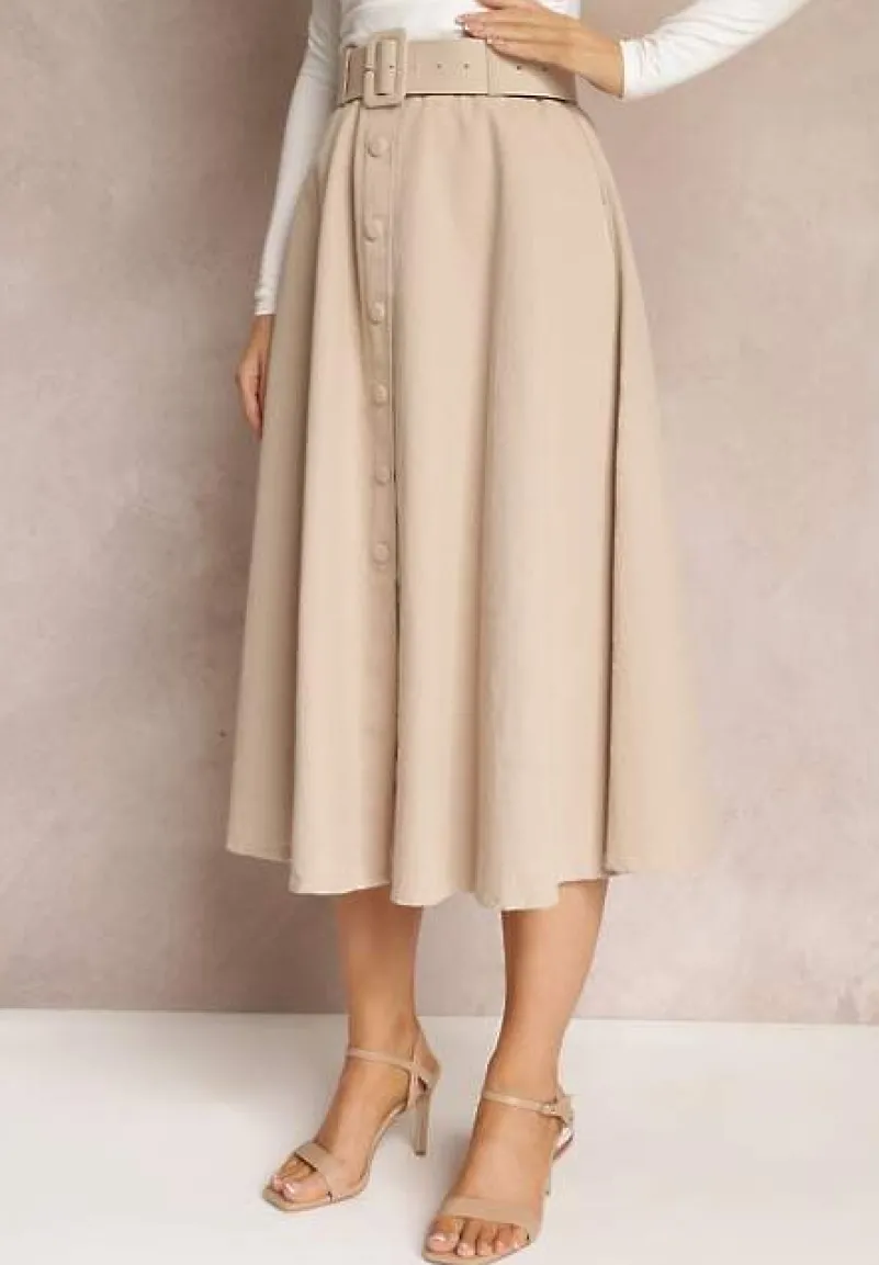 Jasnobeżowa Trapezowa Spódnica Midi z Rozkloszowanym Dołem i Paskiem z Klamerką z Bawełny Marydevi