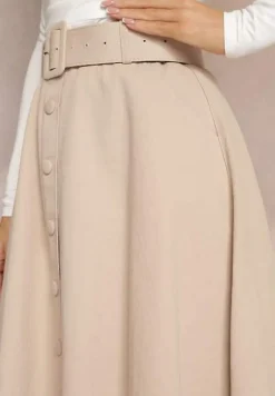 Jasnobeżowa Trapezowa Spódnica Midi z Rozkloszowanym Dołem i Paskiem z Klamerką z Bawełny Marydevi