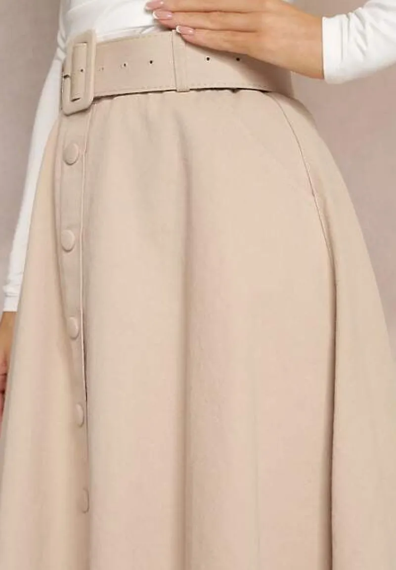 Jasnobeżowa Trapezowa Spódnica Midi z Rozkloszowanym Dołem i Paskiem z Klamerką z Bawełny Marydevi