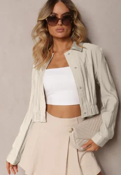 Jasnobeżowa Wiskozowa Kurtka Bomberka na Napy Ozdobiona Gumką Tiamarnia