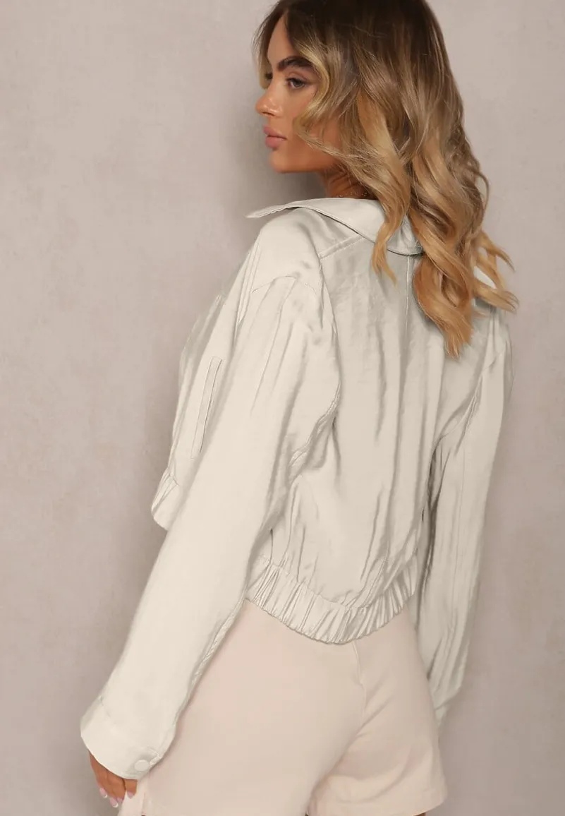 Jasnobeżowa Wiskozowa Kurtka Bomberka na Napy Ozdobiona Gumką Tiamarnia