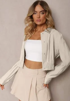 Jasnobeżowa Wiskozowa Kurtka Bomberka na Napy Ozdobiona Gumką Tiamarnia