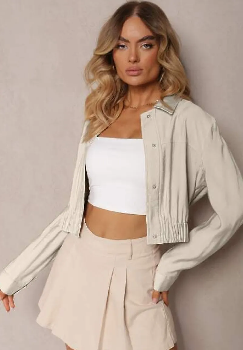 Jasnobeżowa Wiskozowa Kurtka Bomberka na Napy Ozdobiona Gumką Tiamarnia