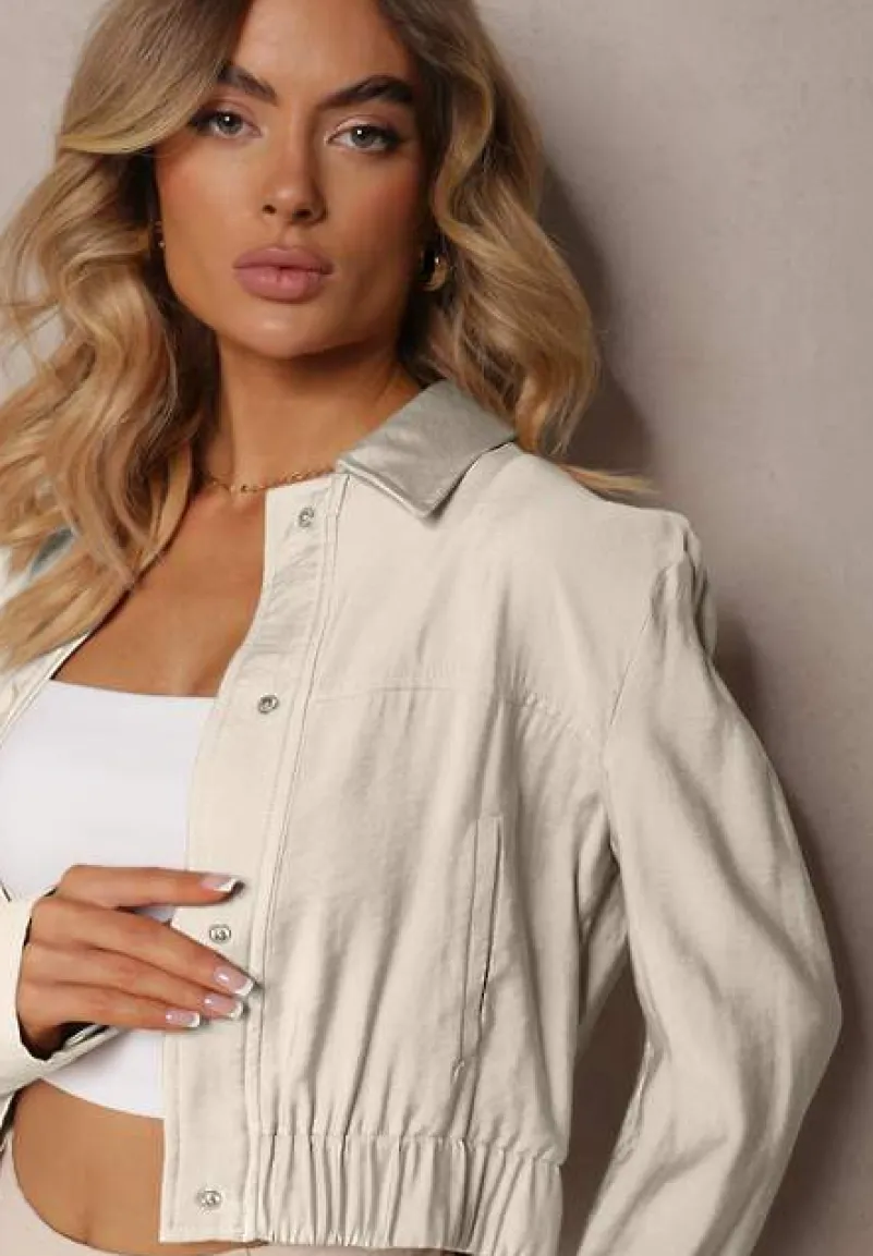 Jasnobeżowa Wiskozowa Kurtka Bomberka na Napy Ozdobiona Gumką Tiamarnia