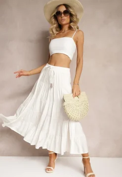 Jasnobeżowa Wiskozowa Spódnica High Waist o Rozkloszowanym Kroju z Wiązaniem i Gumką w Talii Leceviana