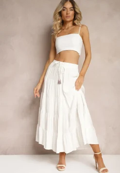 Jasnobeżowa Wiskozowa Spódnica High Waist o Rozkloszowanym Kroju z Wiązaniem i Gumką w Talii Leceviana