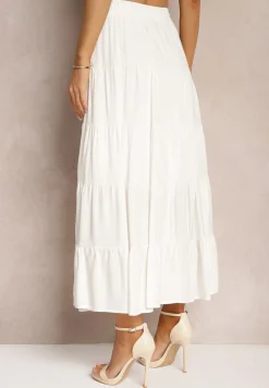 Jasnobeżowa Wiskozowa Spódnica High Waist o Rozkloszowanym Kroju z Wiązaniem i Gumką w Talii Leceviana