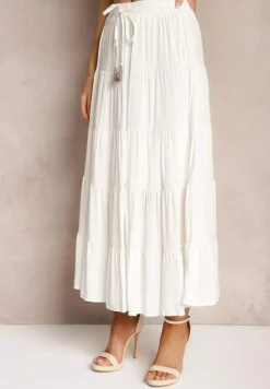 Jasnobeżowa Wiskozowa Spódnica High Waist o Rozkloszowanym Kroju z Wiązaniem i Gumką w Talii Leceviana