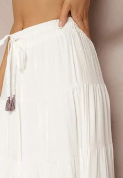 Jasnobeżowa Wiskozowa Spódnica High Waist o Rozkloszowanym Kroju z Wiązaniem i Gumką w Talii Leceviana