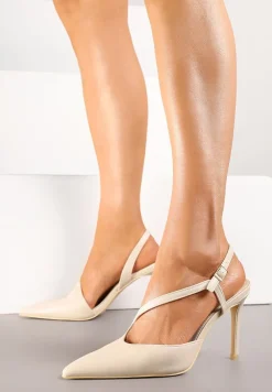 Jasnobeżowe Asymetryczne Sandały Vices na Obcasie ze Szpiczastym Noskiem Niriese