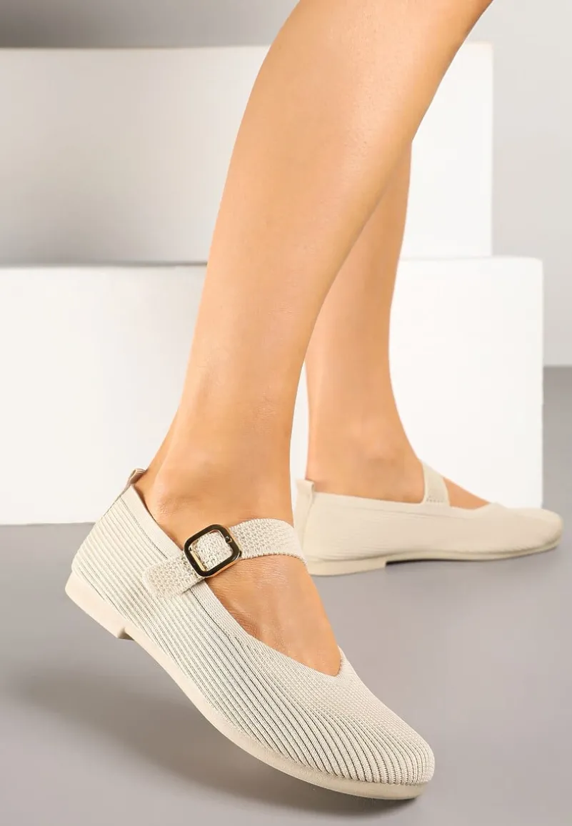 Jasnobeżowe Balerinki Ozdobione Paskiem Avanellia