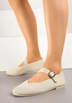 Jasnobeżowe Balerinki Ozdobione Paskiem Avanellia