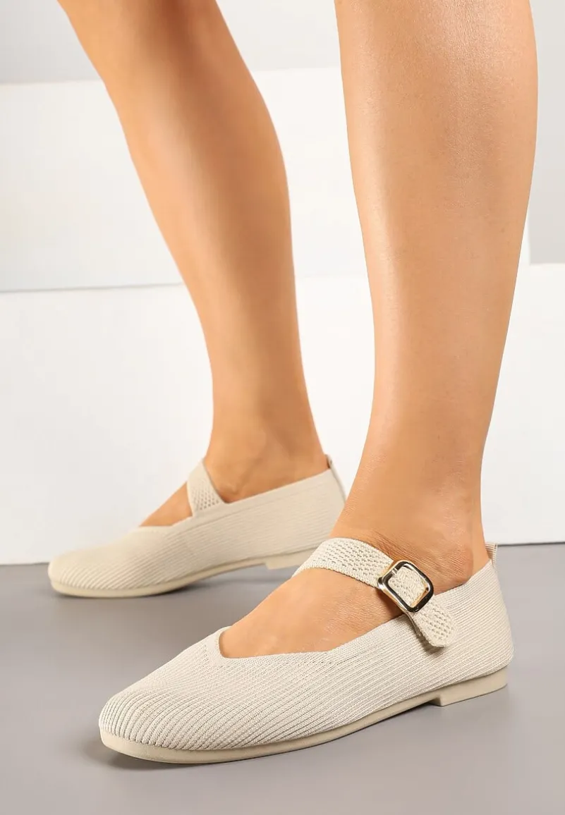 Jasnobeżowe Balerinki Ozdobione Paskiem Avanellia