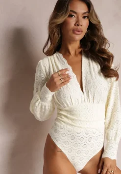 Jasnobeżowe Body z Głębokim Dekoltem i Bufiastymi Rękawami Josiel