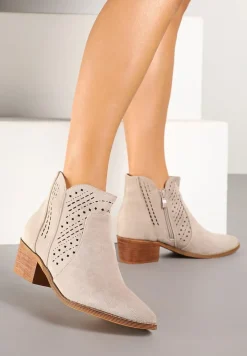 Jasnobeżowe Botki Kowbojki Vices na Słupku z Ażurową Cholewką Selahra